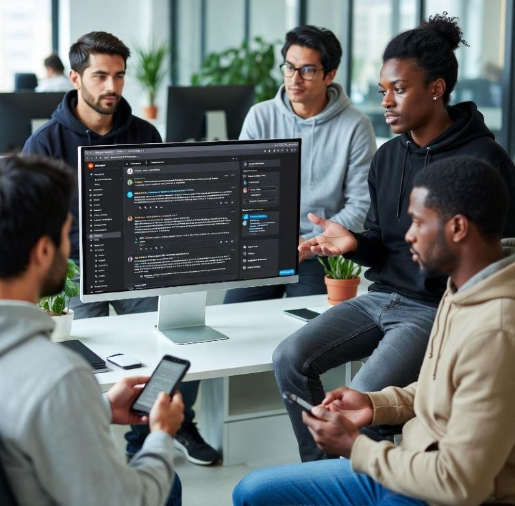 group of tech professionals chatting in front of a large computer screen